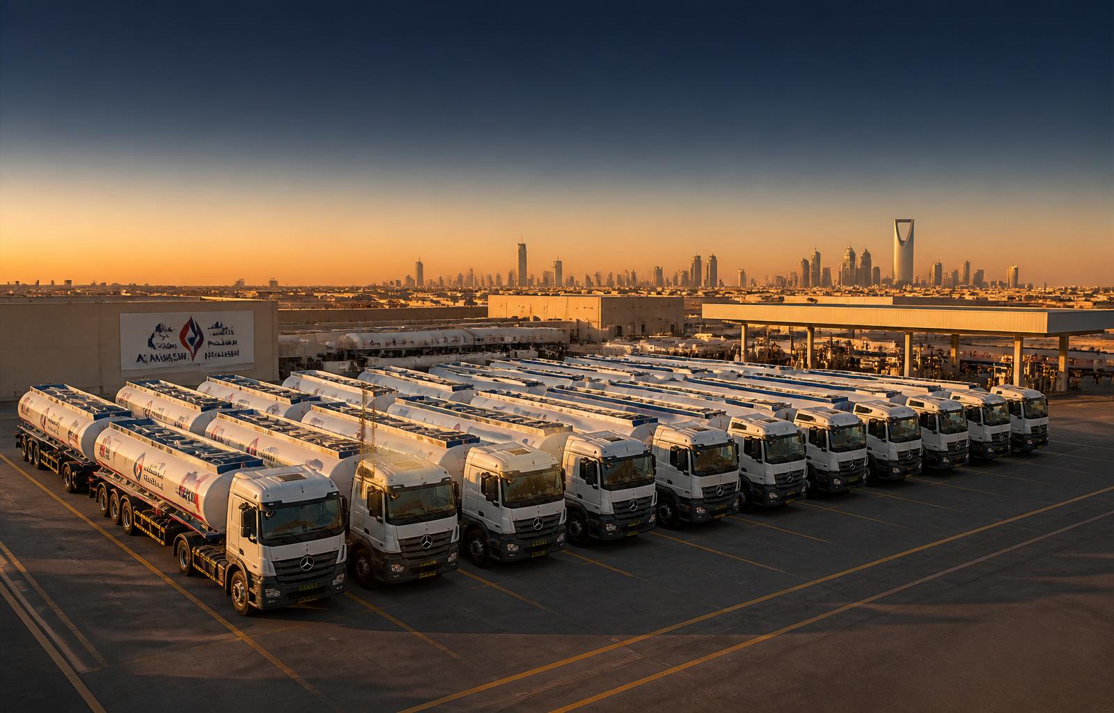 Fleet of diesel delivery trucks parked at company yard in Riyadh