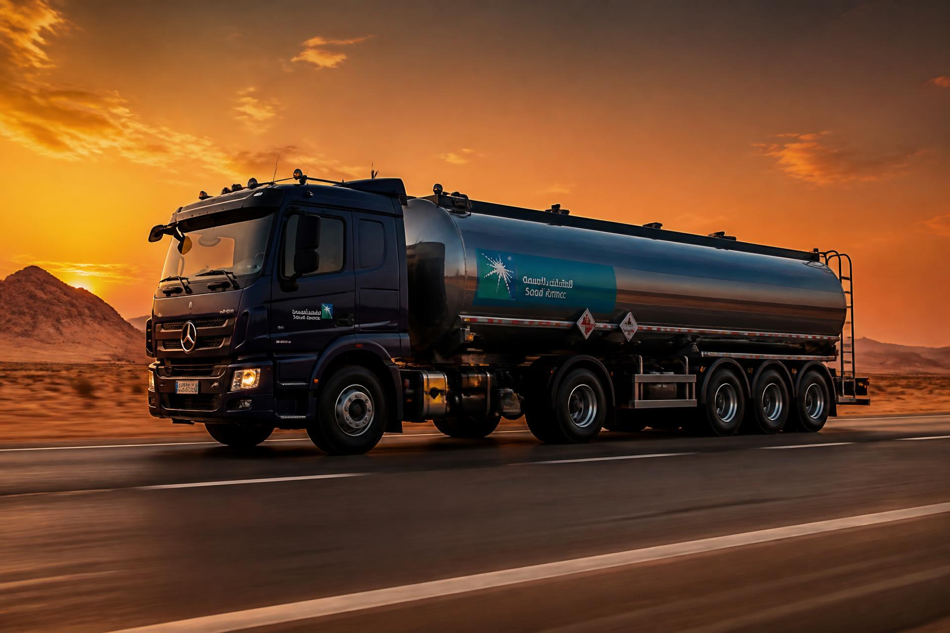 Diesel tanker truck delivering fuel on a Saudi Arabia highway